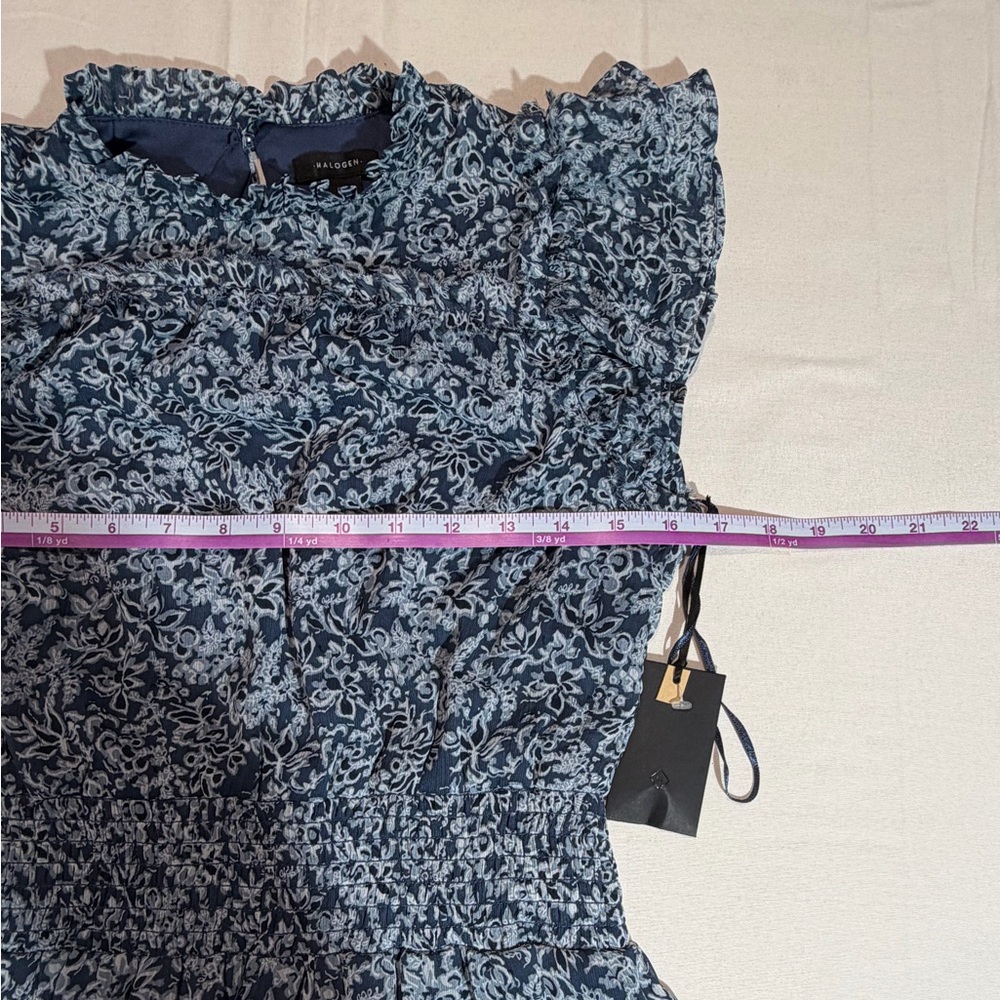 Halogen Navy Blue Floral Smocked Midi Dress Ruffle Sleeve Sz S Cottagecore - Picture 8 of 8